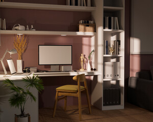 Modern stylish home workplace interior with computer mockup on table against pink wall.