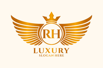 Luxury royal wing Letter RH crest Gold color Logo vector, Victory logo, crest logo, wing logo, vector logo template.