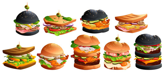 Set of burgers with cheese, meat, bacon and vegetables. Isolated vector fast food with black buns, sesame, lettuce, tomato, eggs, olives. King size and classic american traditional cartoon junk meals