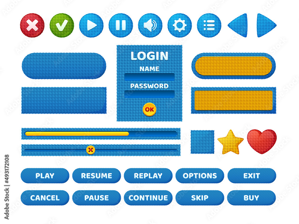 Poster set game menu elements textile woven texture. cartoon user setting login or password panel, buttons,