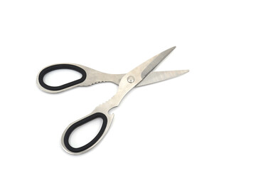 Black steel scissors isolated on white background.