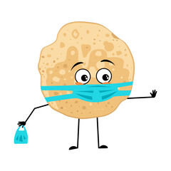 Pancake character with sad emotions, face and mask keep distance, hands with shopping bag and stop gesture. Baking person, homemade pastry with care expression. Food emoticon for carnival or
