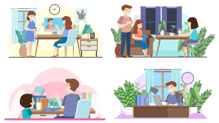 People working at coworking space simple flat design