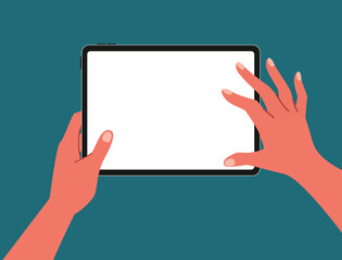 Top view of hands using and zoom out a blank tablet for social media, working, content creator, study gaming or lecture flat vector illustration on white screen. Working on blank space tablet.
