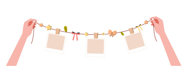 Two hands grabbing a rope decorated with blank polaroid pictures and cute ornament template flat vector illustration. Set of pictures in one hand reminds a lot of memories isolated background.