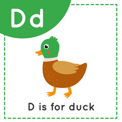 Learning English alphabet for kids. Letter D. Cute cartoon duck.