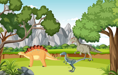 Naklejka premium Scene with dinosaurs in the forest