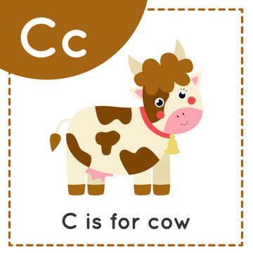 Learning English alphabet for kids. Letter C. Cute cartoon cow.