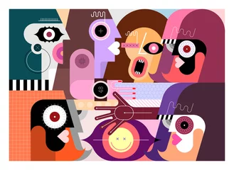 Gardinen Sechs Erwachsene und ein großes Auge. Digitale Malerei der modernen geometrischen Kunst der Vektorillustration der Gruppe von Personen. ©  danjazzia