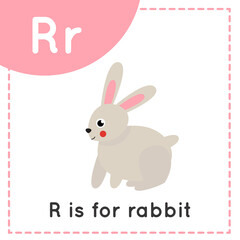 Learning English alphabet for kids. Letter R. Cute cartoon rabbit.
