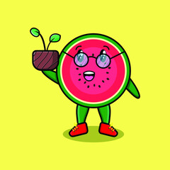 Cute cartoon watermelon holding plant in a pot 3d modern style design