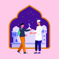 Two men forgive each other by shaking hands. Islamic Family eid mubarak concept vector Illustration.