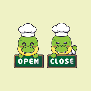cute dino chef mascot cartoon character with open and close board