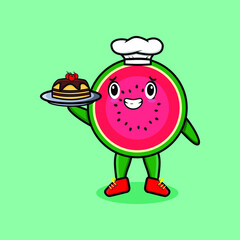 Cute Cartoon chef watermelon mascot character serving cake on tray cute style design in 3d cartoon style concept