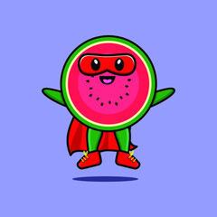 Cute watermelon superhero character flaying illustration cartoon vector in concept 3d modern style design