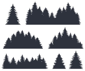 Forest silhouette set for emblem and logo. Wild trees or nature landscape of woods for outdoor, travel or trip camping