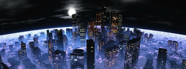 Night city in the clouds under the moon and stars, skyscrapers at night in the clouds, 3d rendering © ustas