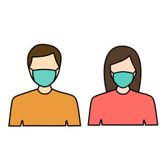 Man and Woman in medical face protection mask. Vector icon of depressed and tired people wearing protective surgical mask. illustration for concepts of disease, sickness, alergies, pollution, virus.