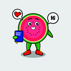 Cute cartoon watermelon character holding diary book with happy expression in concept 3d cartoon style