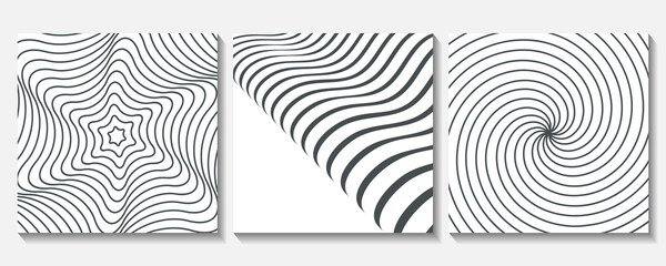 Set of black and white poster with geometric shapes. Abstract background with liquid wavy lines art. Op art design.