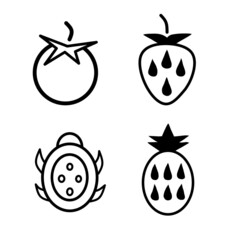 Icon fruit set outline on white background consisting of orange, pineapple, strawberry and dragon fruit suitable for coloring vector