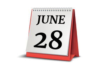 Calendar on white background. 28 June. 3D illustration.
