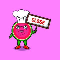 Cute cartoon watermelon chef character holding close sign designs in concept 3d cartoon style