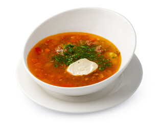 Chicken soup in bowl on white background