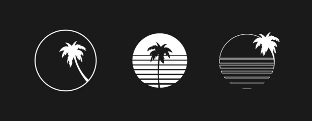 Set of retrowave design elements, sunsets. Sun with palm trees and stripes. Pack of retrowave 1980s style design elements. Vector illustratio