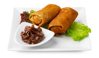 Stuffed pancakes with filling isolated on white background