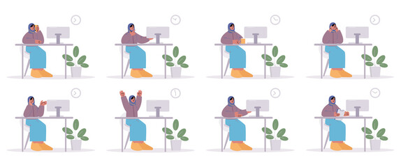Muslim woman office worker different emotions and activities. Female manager wear scarf on head sit at desk with Pc speaking by phone, thinking, rejoice, drink coffee, Line art vector illustration