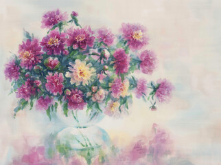 A bouquet of pink peonies in vase watercolor background