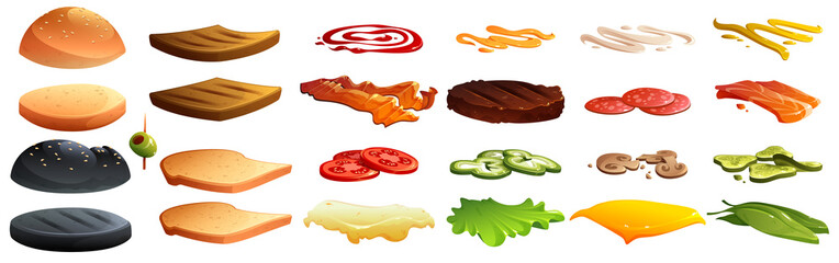 Burger and sandwich constructor with buns, bread toasts, cheese, vegetable slices, meat and sauces. Vector cartoon set of hamburger ingredients, tomato, bacon, salad, grilled cutlet and salmon