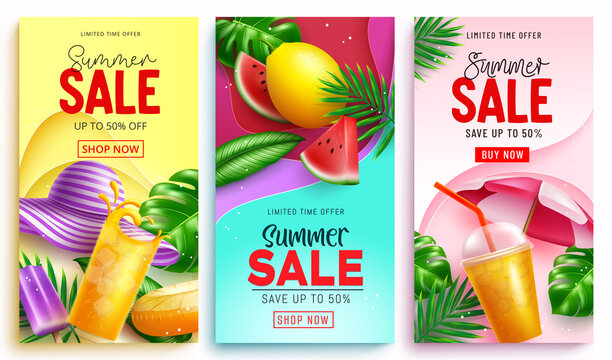 Summer sale vector poster set. Summer sale limited time offer text with discount price in abstract shape with tropical season elements for promotion advertisement design. Vector illustration.
