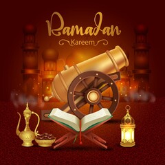 ramadan kareem greetings with Quran and wooden stand, artillery. vector illustration design