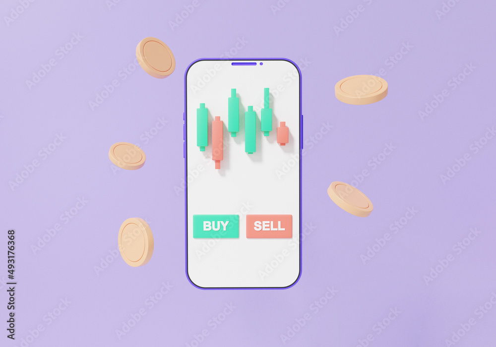 Wall mural Index growth Stock exchange data information investment. Cryptocurrency trading on smartphone and trader concept. profit, forex. on purple background. 3d illustration. rendering