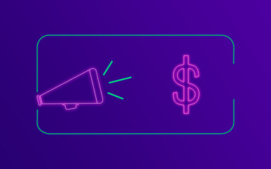 Dollar Sign Currency Concept with Neon Colors on Purple Gradient Background