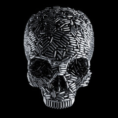 Bullet skull handgun metaphor - 3D illustration of pistol ammunition forming human cranium isolated on black - obrazy, fototapety, plakaty