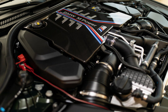 engine compartment of a BMW car with a powerful engine
