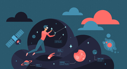 Virtual reality entertainment and education. Tiny person in VR glasses flying in cyber space to explore stars and planet, dream flight of gamer flat vector illustration. Cybersport, experience concept