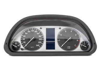 Car dashboard auto speedometer panel isolated on white background. Spare parts catalog