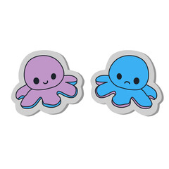 Sticker mood Octopus character, Mood sticker, happy and bad mood, funny character sticker. Cartoon octopus Vector