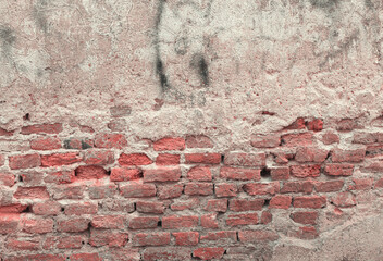 red brick block wall texture old background ancient weathered brick wall with cracks and destroyed stucco layer with copy space