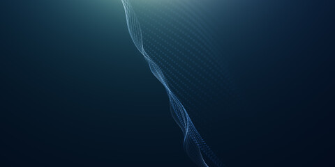 Abstract colorful digital particles wave with bokeh and light background, 3d render wave line dot background, line wave light glowing effect particular background.	