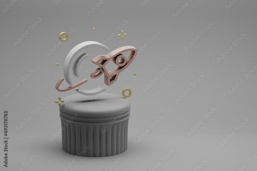Aufkleber Beautiful abstract illustrations Rocket and start symbol icon on a beton column background. 3d rendering illustration. Background pattern for design. Space exploration.