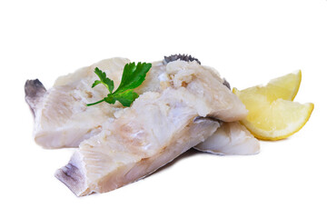 fresh cod with parsley and lemon isolated on white
