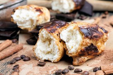 custard cake with cream, chocolate and other sweets