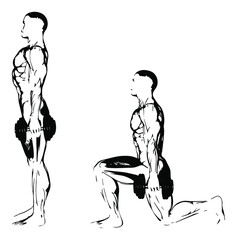 Exercising. Lunges with dumbbells