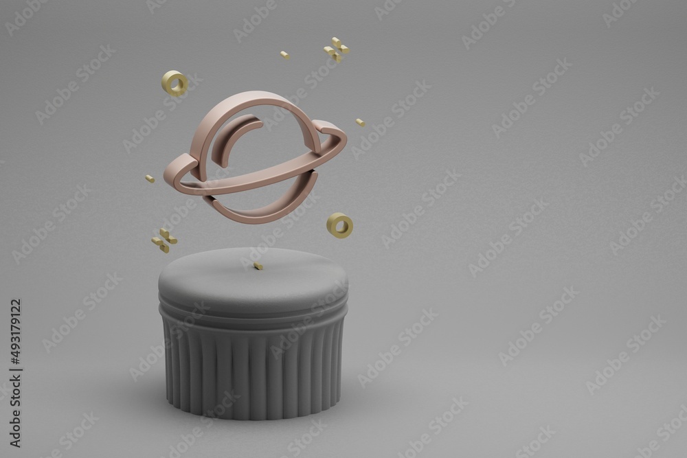 Poster Beautiful abstract illustrations Saturn and start symbol icon on a beton column background. 3d rendering illustration. Background pattern for design. Space exploration.