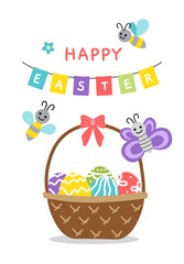 Basket with Easter eggs. Happy Easter greeting card. Bee, butterfly. Flat, cartoon, isolated